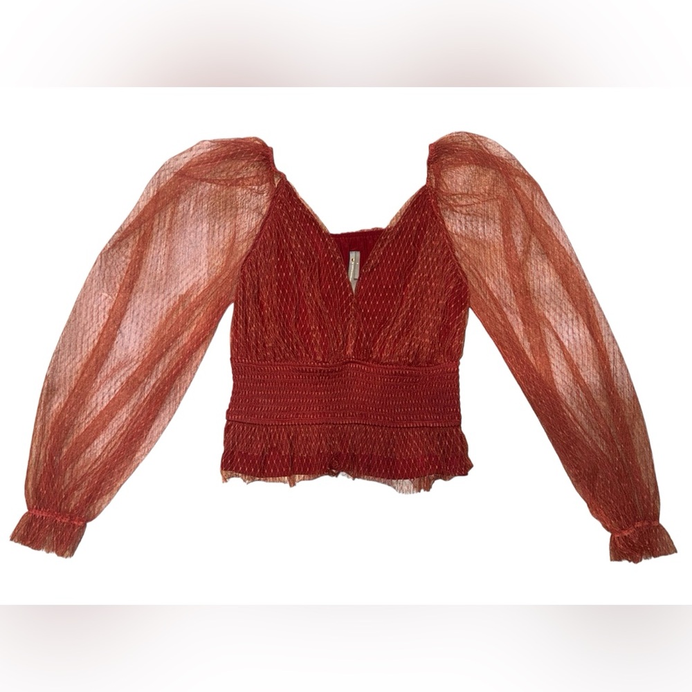 Anthropologie Red Textured Blouse with Sheer Sleeves